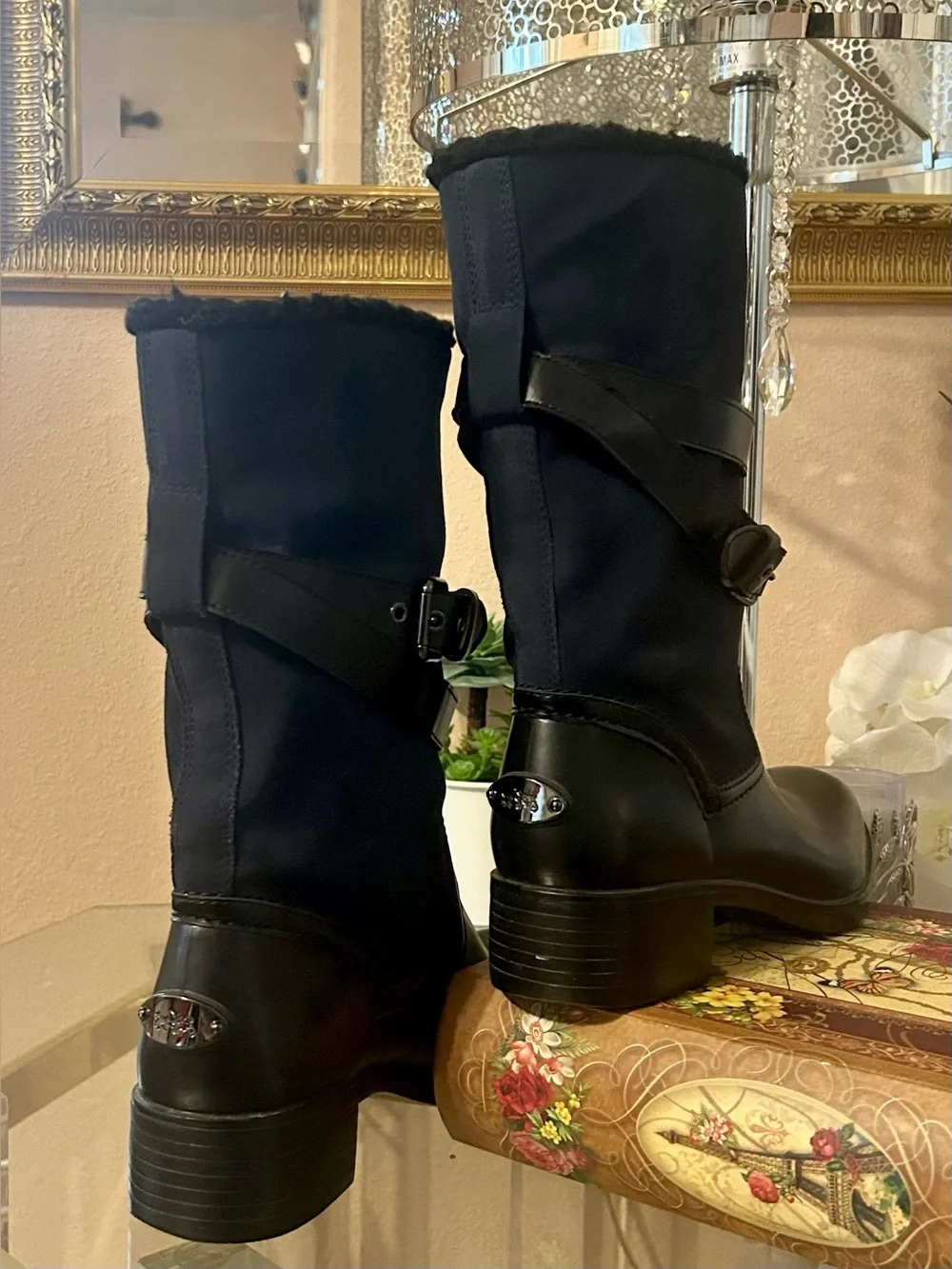 Coach Zena Navy Suede and Black Leather Mid-Calf Buckle Boots Size 8